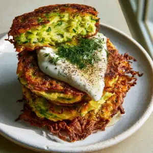 A close-up shot of a snapped-open Zucchini fritter revealing a steaming, vibrant green interior.