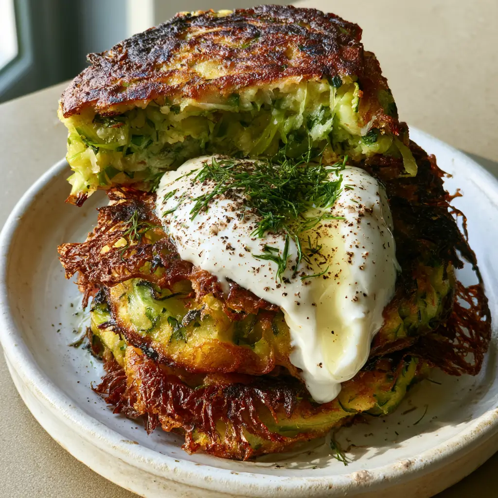 Zucchini Fritters: The Ultimate Ultra-Crispy Golden Recipe 1 High-angle view of golden-brown pan-fried Zucchini fritters with sour cream and lemon.