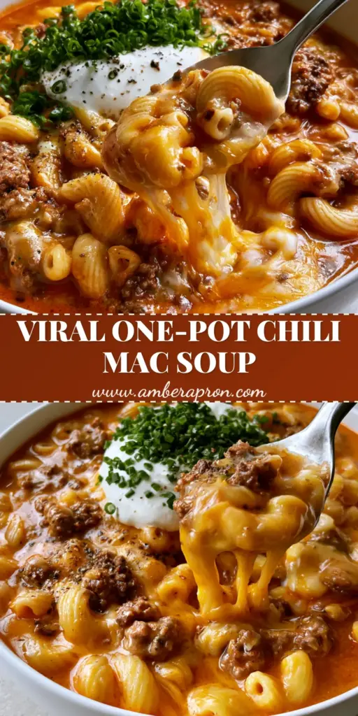 A overhead view of a bowl of Cheesy Chili Macaroni Soup showing seared beef and melted cheddar. (Cheesy Chili Macaroni Soup)