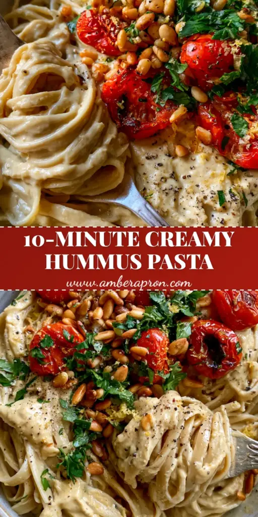 A silver fork twirling a nest of creamy hummus pasta with blistered tomatoes and toasted pine nuts in a ceramic bowl. (hummus pasta)