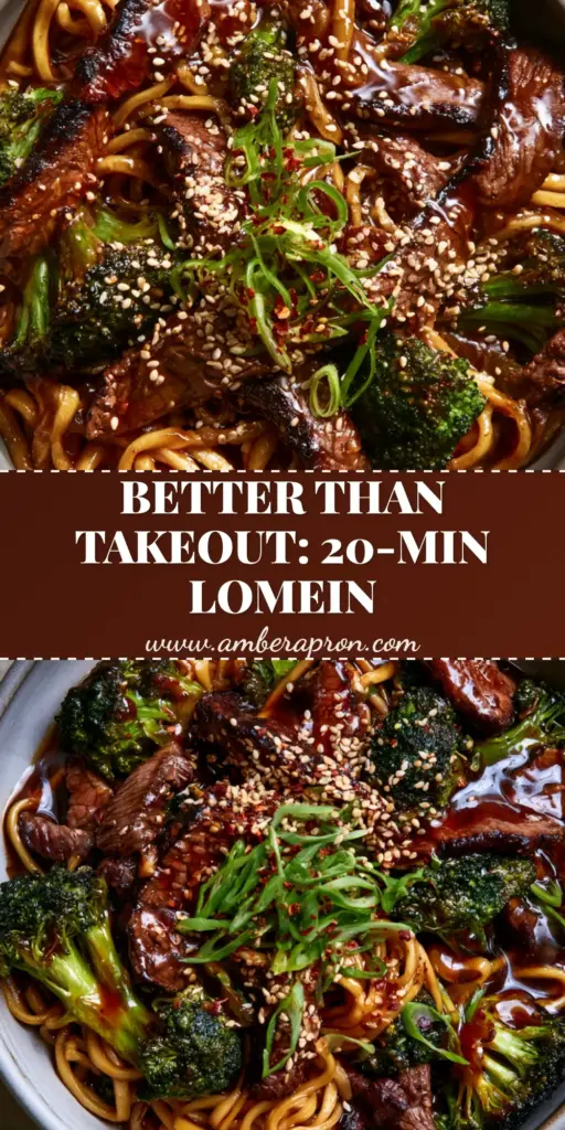A close-up of beef and broccoli lo mein in a ceramic bowl, featuring seared velveted beef and glossy mahogany sauce. (beef and broccoli lo mein)