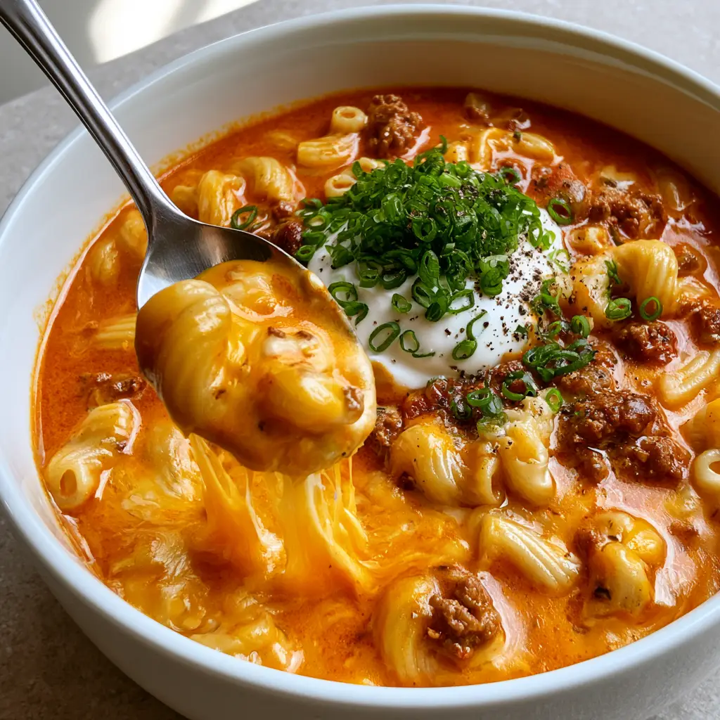 A close-up smartphone photo of Cheesy Chili Macaroni Soup in a white bowl with steam and fresh chives. (Cheesy Chili Macaroni Soup)