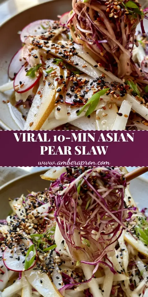 A close-up shot of Asian pear slaw featuring white pear matchsticks, purple cabbage, and sesame seeds being lifted by wooden chopsticks.