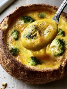 Close-up top-down view of Velveeta Broccoli Cheese Soup showing a glossy surface and emerald broccoli florets.