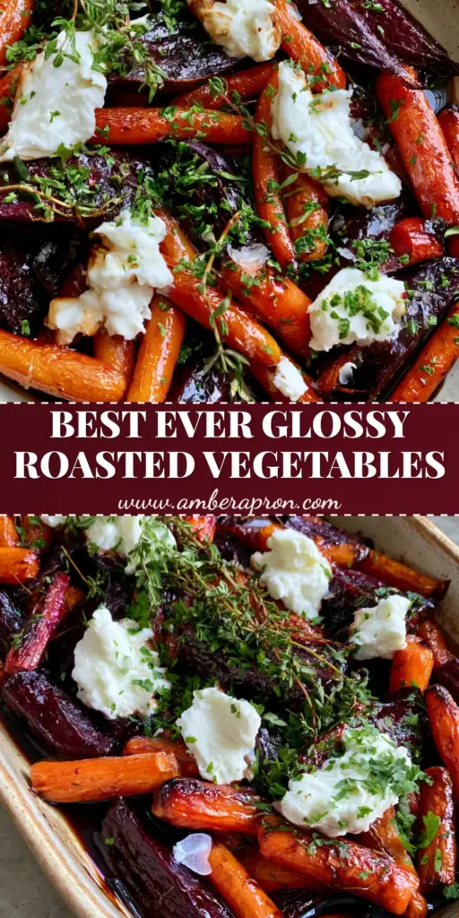 A close-up vertical shot of Roasted Beets and Carrots on a rustic sheet pan, featuring deep purple beets, charred orange baby carrots, glossy honey-balsamic glaze, and crumbled goat cheese.