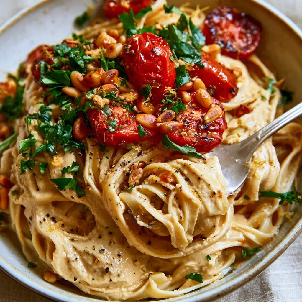 Close up of glossy hummus pasta ribbons completely coated in thick beige sauce with fresh parsley. (hummus pasta)