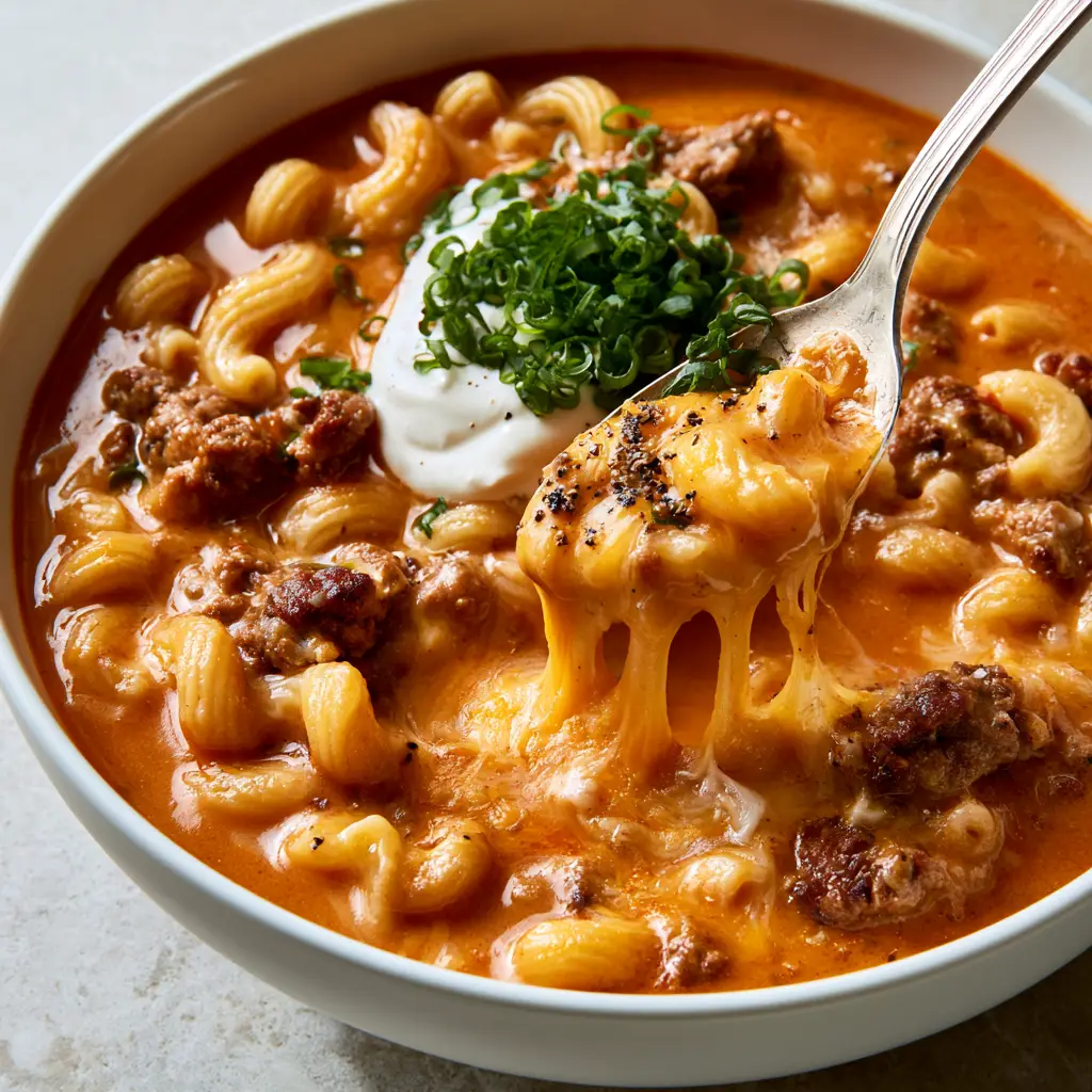A silver spoon lifting a scoop of Cheesy Chili Macaroni Soup showing a long cheese pull and sour cream dollop. (Cheesy Chili Macaroni Soup)