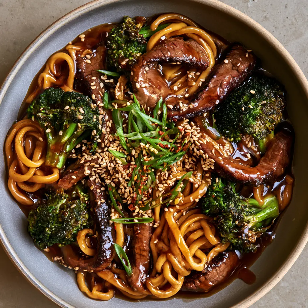 Top-down view of chewy egg noodles and seared beef strips in a dark mahogany sauce. (beef and broccoli lo mein)