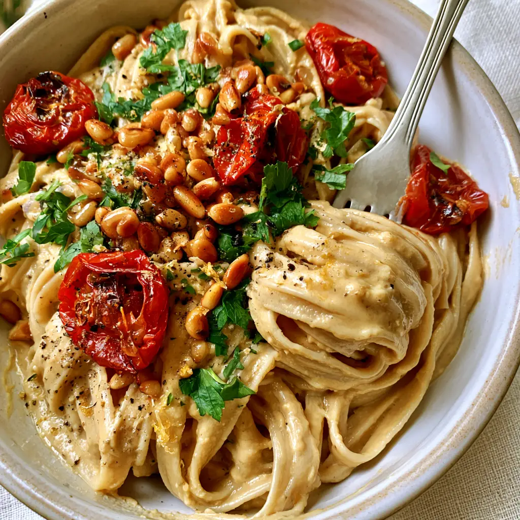 Overhead view of a ceramic bowl filled with hummus pasta topped with blistered cherry tomatoes and lemon zest.