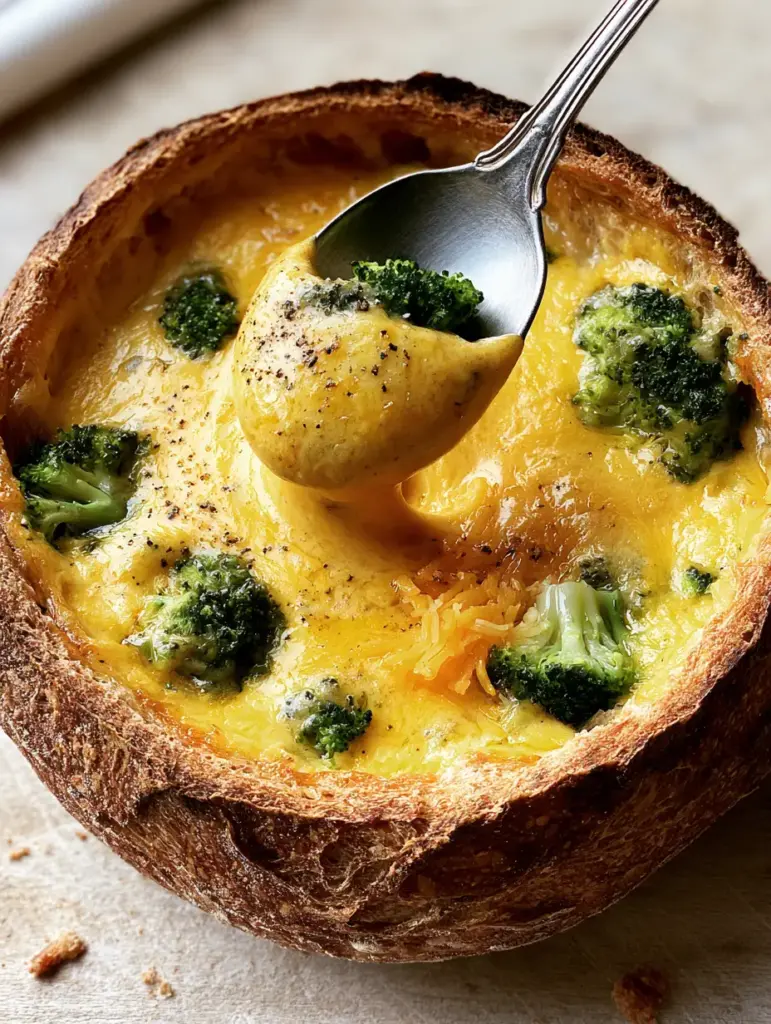 A silver spoon lifting a thick dollop of Velveeta Broccoli Cheese Soup with a visible cheese pull effect.