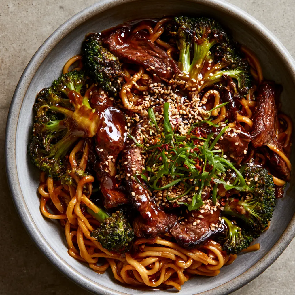 Close up of charred forest-green broccoli florets mixed with velveted beef and sesame seeds.