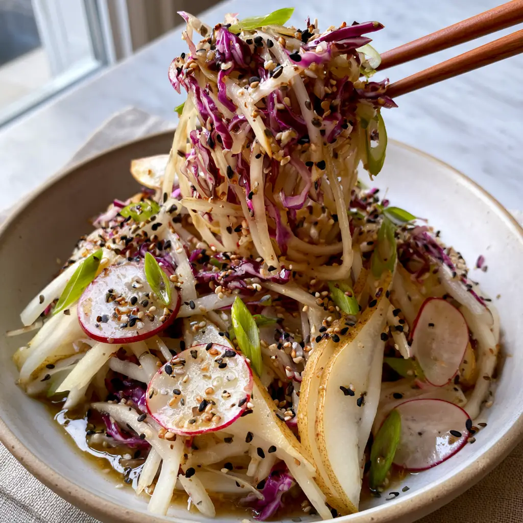 Top-down view of Asian pear slaw in a minimalist ceramic bowl with bright natural lighting.