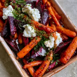 Roasted Beets and Carrots featuring caramelized purple beet wedges and whole orange baby carrots with fresh green herbs and creamy goat cheese.