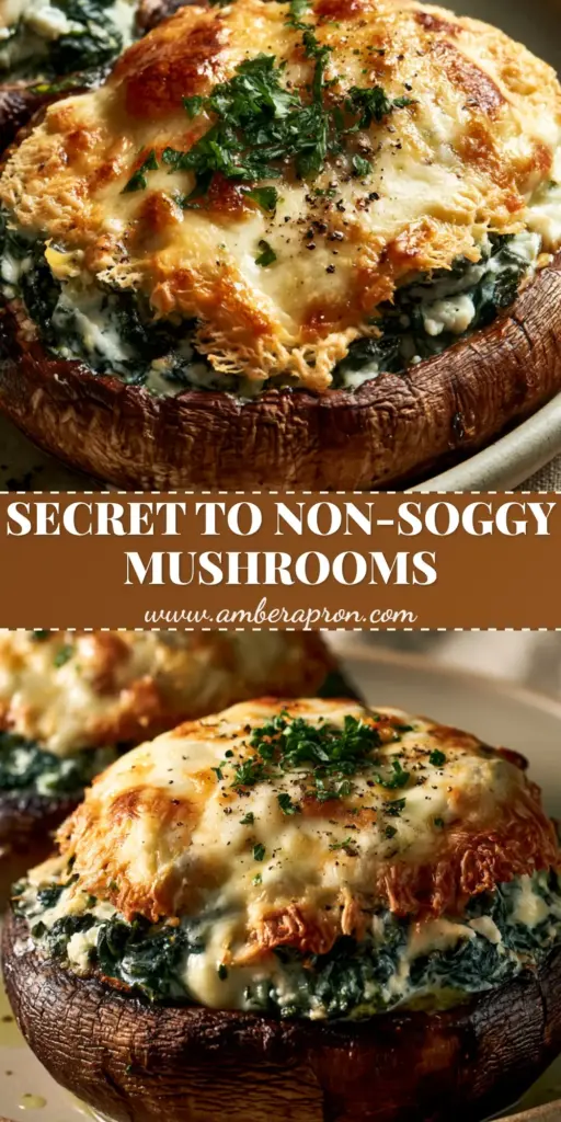 A vertical shot of stuffed portobello mushrooms with a golden-brown melted mozzarella crust and fresh parsley garnish.