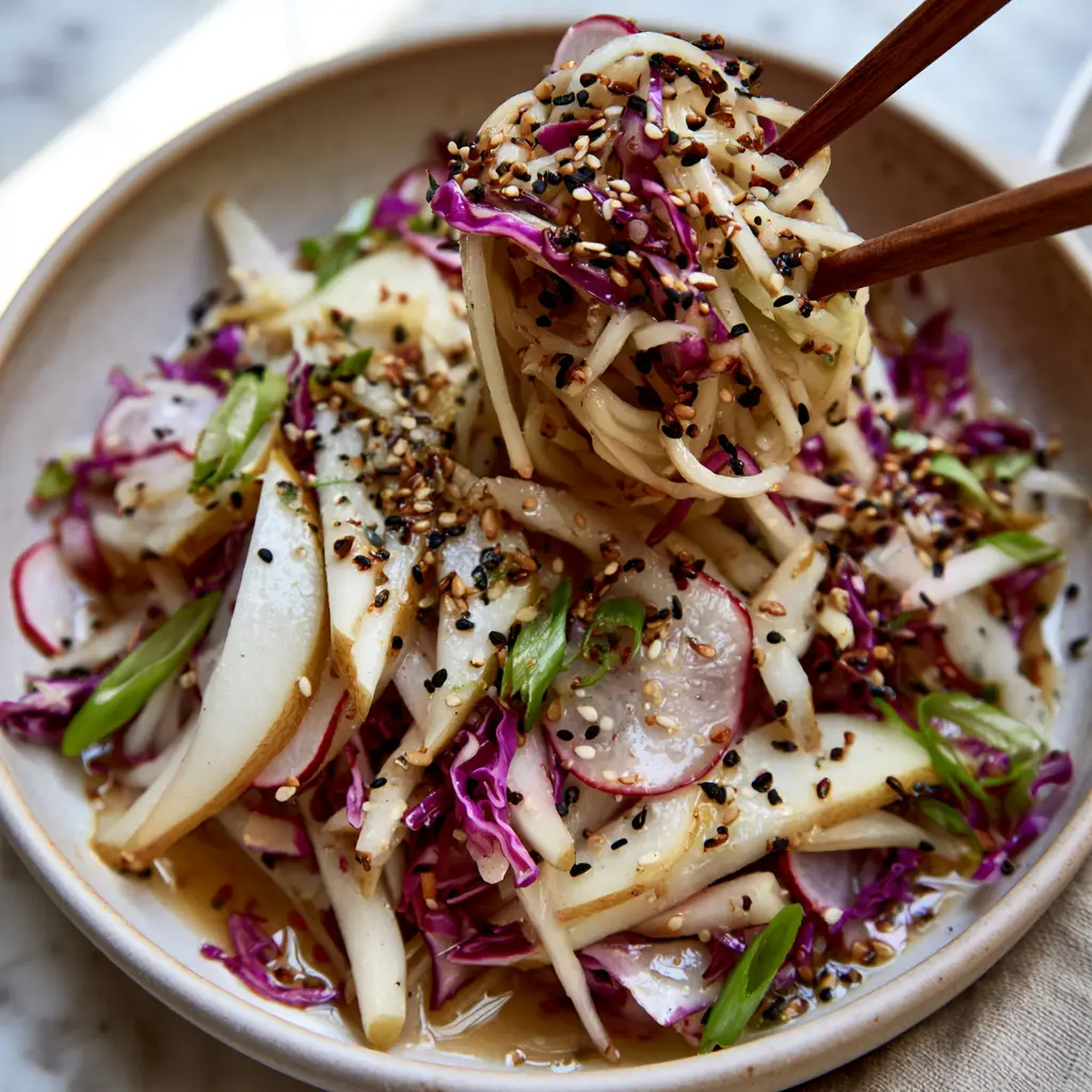A detailed shot of the glossy sesame ginger dressing clinging to the matchstick Asian pears and shredded Savoy cabbage.