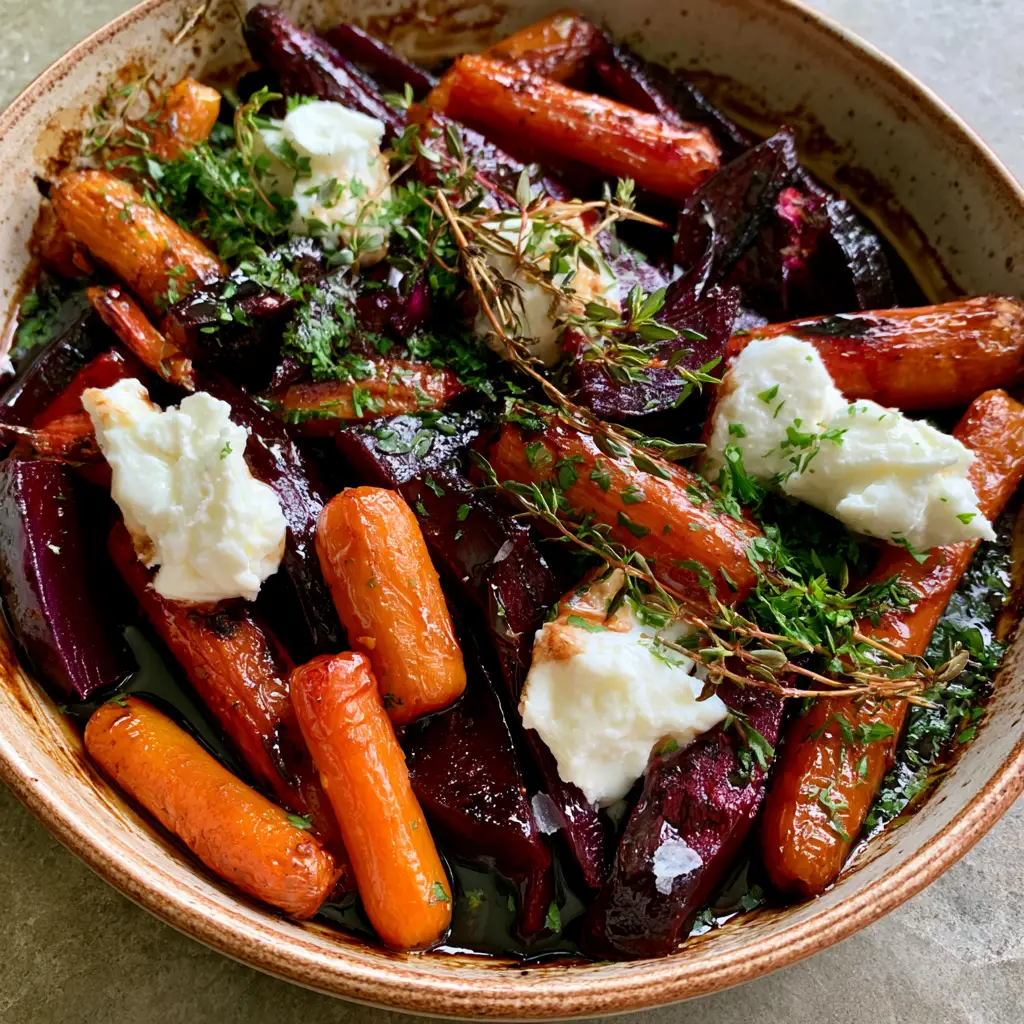 Close-up of glossy roasted beets and baby carrots with flaky sea salt and fresh thyme.