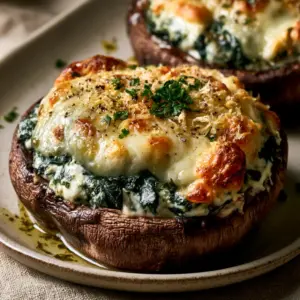 Macro photography showing the charred ridges of roasted stuffed portobello mushrooms and bubbling cheese crust.