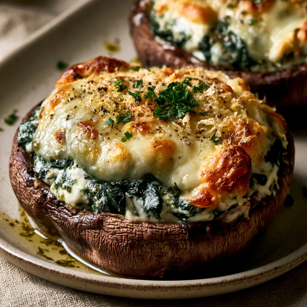 Macro photography showing the charred ridges of roasted stuffed portobello mushrooms and bubbling cheese crust.