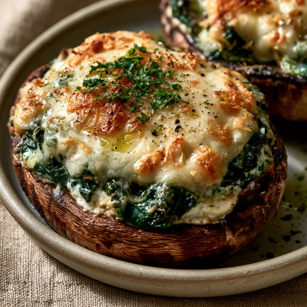 A close-up of the thick spinach and ricotta filling inside charred stuffed portobello mushrooms.