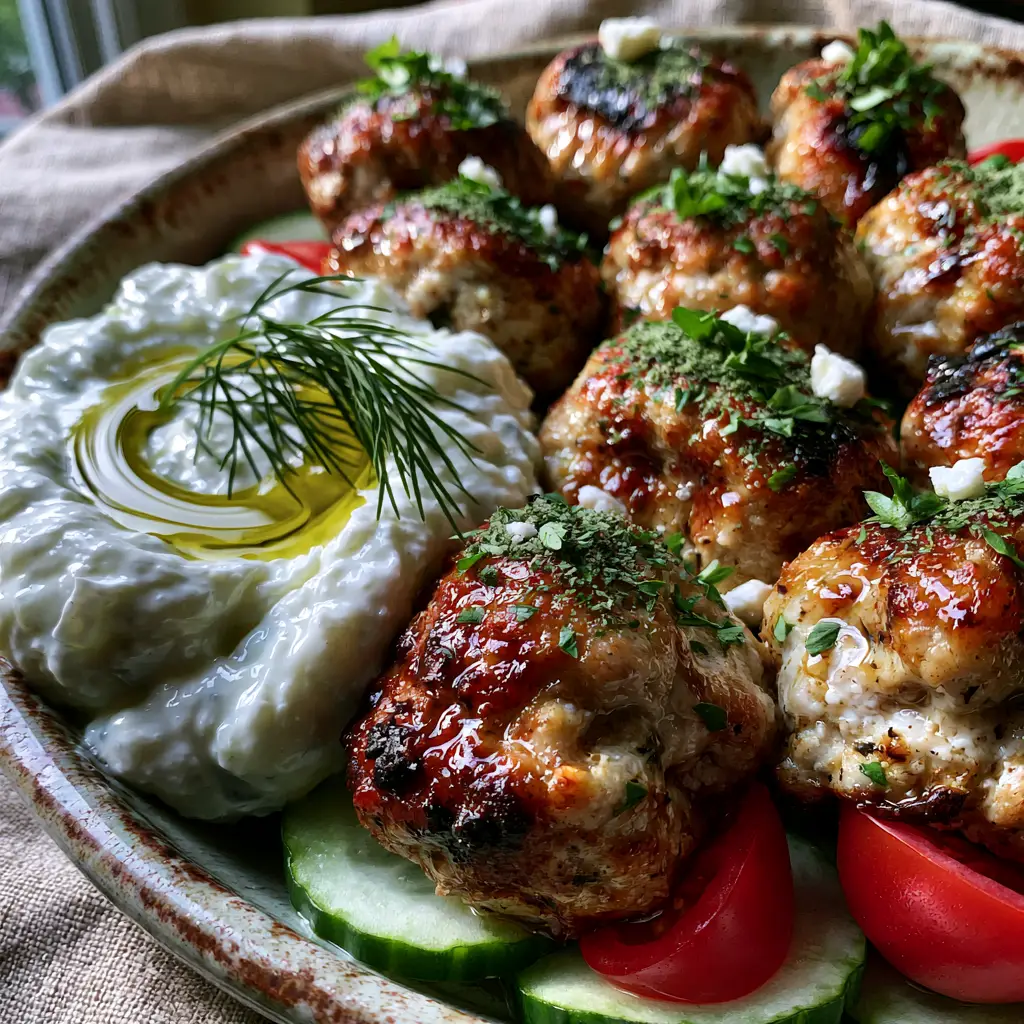 Mediterranean Chicken Meatballs with Creamy Tzatziki 2 Juicy seared chicken meatballs with a golden-brown crust and visible charred edges on a ceramic plate.