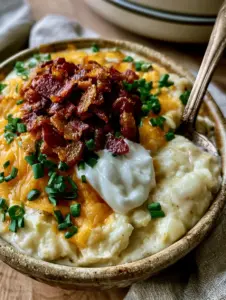Top-down view of velvety Crockpot Potato Soup in a rustic bowl with a dollop of sour cream melting into the center. (Crockpot Potato Soup)