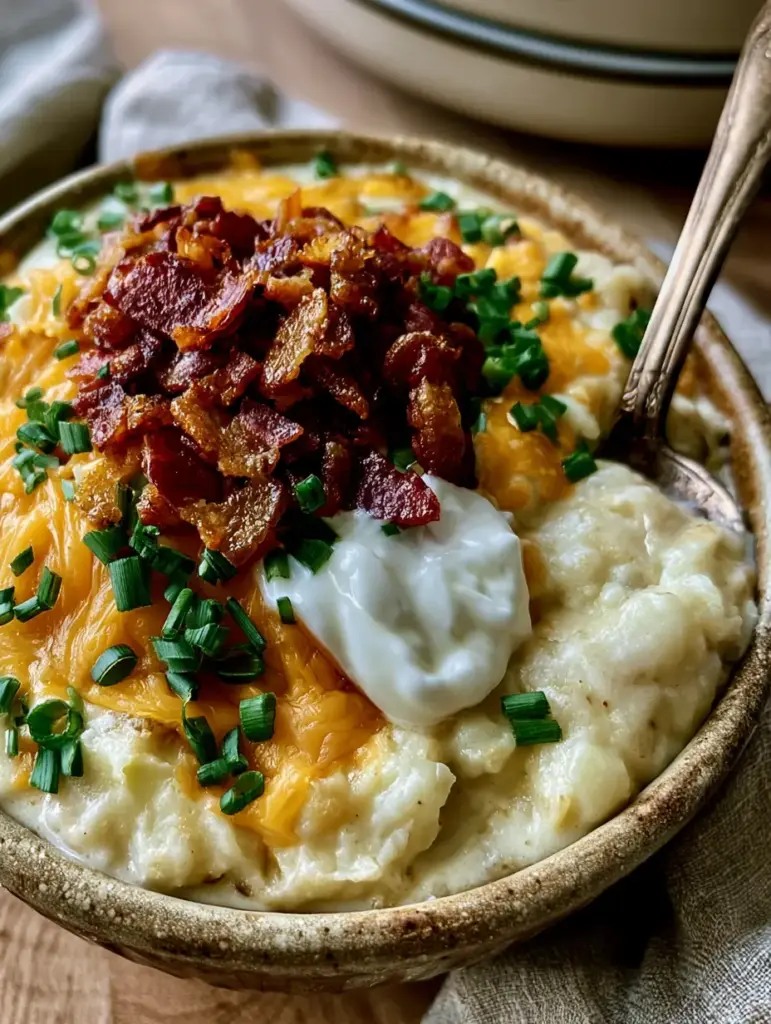 Top-down view of velvety Crockpot Potato Soup in a rustic bowl with a dollop of sour cream melting into the center. (Crockpot Potato Soup)