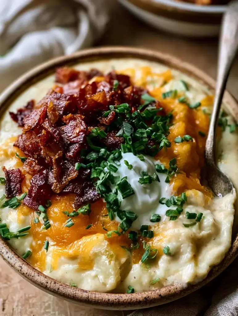 A close-up of a rustic silver spoon dipping into a bowl of loaded Crockpot Potato Soup showing the thick, creamy consistency.