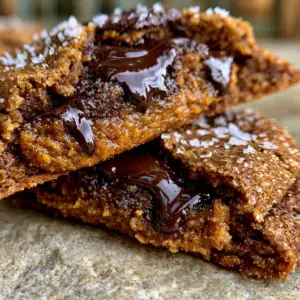 A macro close-up of a thick pumpkin chocolate chip cookie pulled in half, revealing a fudgy orange center and glossy chocolate pools.