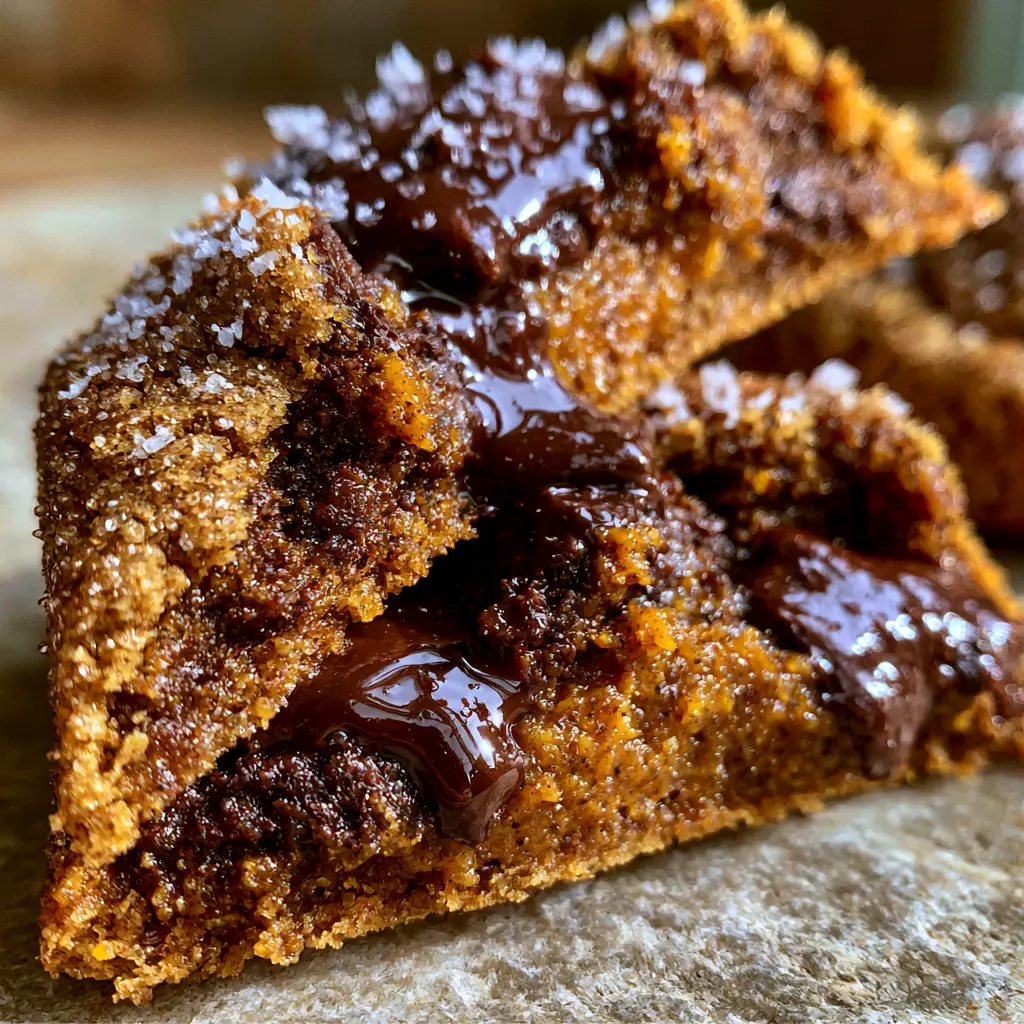 Close up of golden-crisp cookie edges on a pumpkin chocolate chip cookie with melting dark chocolate and sea salt.
