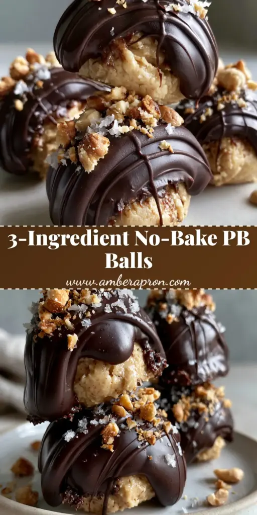 A tall stack of gourmet peanut butter balls featuring a glossy dark chocolate coating, a thick chocolate drizzle, and a garnish of flaky sea salt and crushed roasted peanuts. (peanut butter balls)