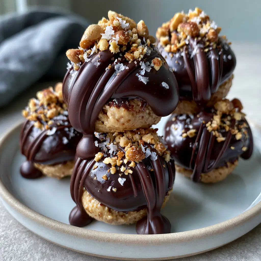 Macro photo showing the creamy peanut butter core inside a snappy dark chocolate shell with sea salt crystals. (peanut butter balls)