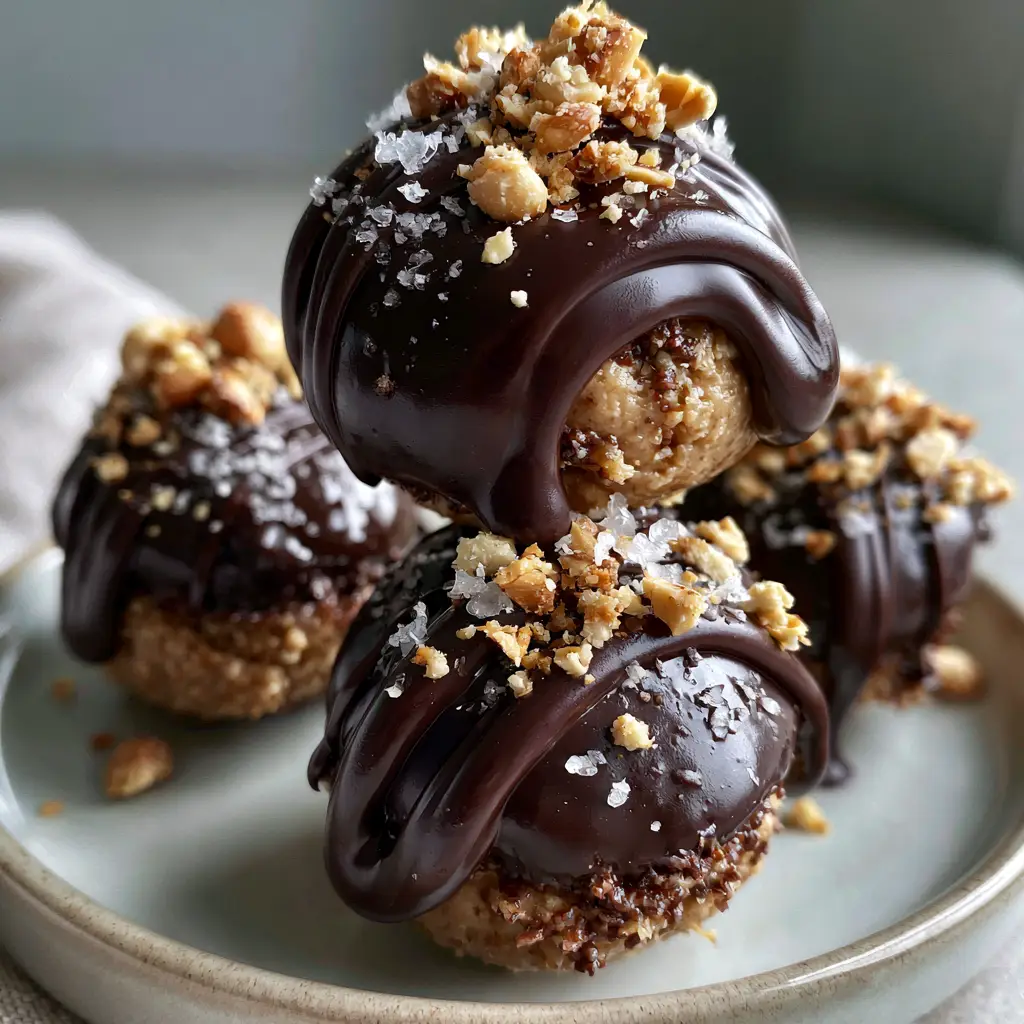 Three elegant peanut butter balls stacked on a minimalist ceramic plate with visible chocolate drizzle and crushed peanuts.