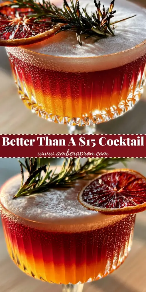 A sophisticated pomegranate orange mocktail with a thick foam layer and charred rosemary garnish in a ribbed glass. (drink recipes)
