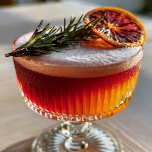 Close up handheld photo of a vibrant layered mocktail in a ribbed crystal glass with morning sunlight. (drink recipes)