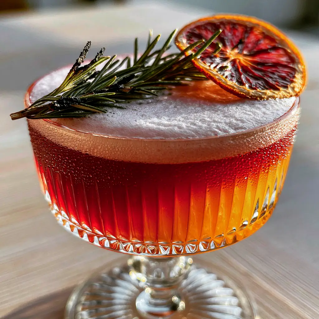 Close up handheld photo of a vibrant layered mocktail in a ribbed crystal glass with morning sunlight. (drink recipes)
