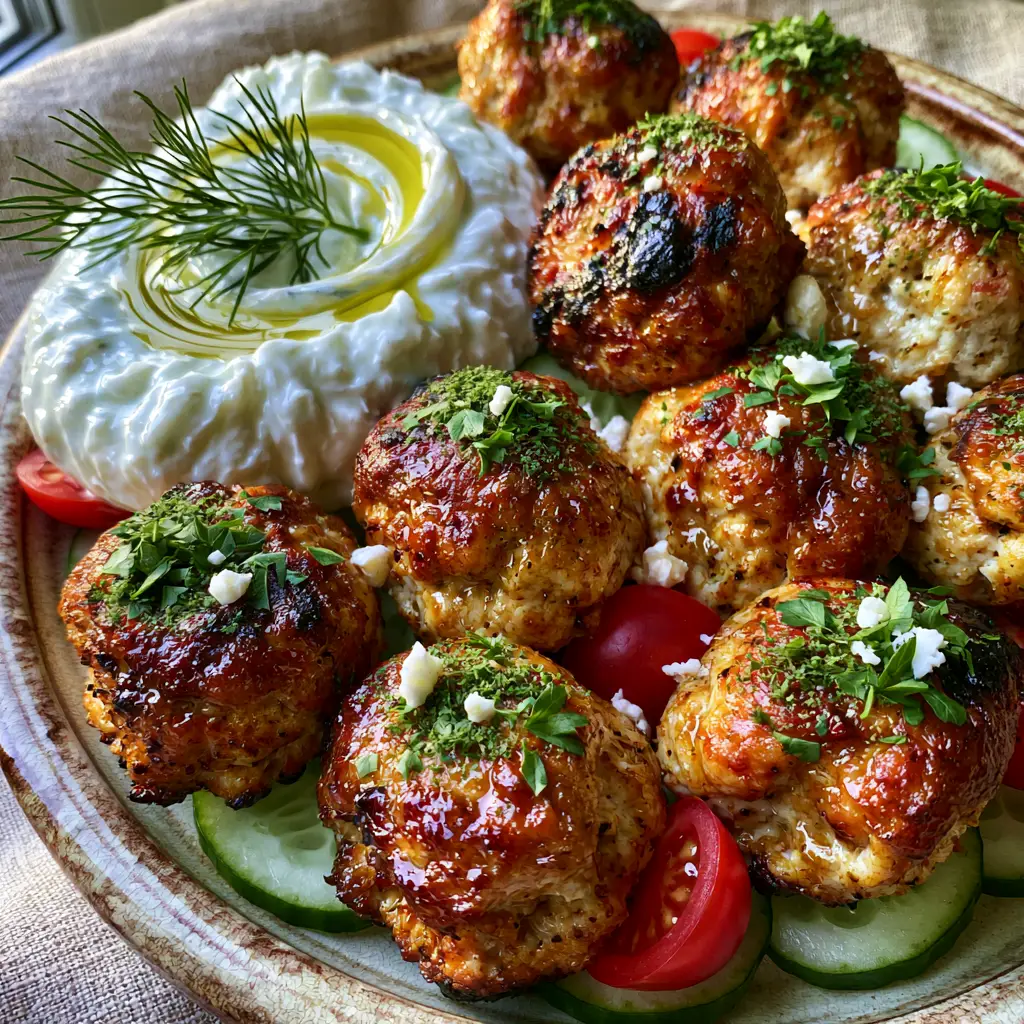 Mediterranean Chicken Meatballs with Creamy Tzatziki 1 Plate of Mediterranean Chicken Meatballs garnished with fresh dill, parsley, and a swirl of olive oil on tzatziki.
