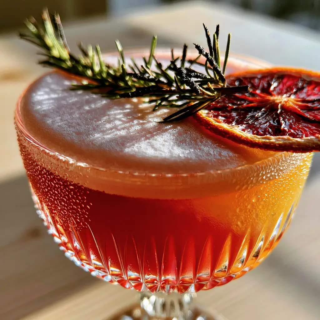 Detailed view of velvety aquafaba foam and charred rosemary garnish on a citrus drink.
