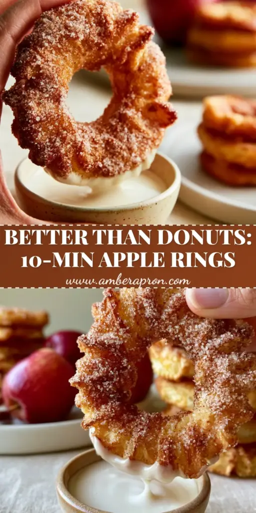 A close up of Air Fryer Cinnamon Apple Rings heavily coated in cinnamon sugar, stacked on a plate with steam rising.