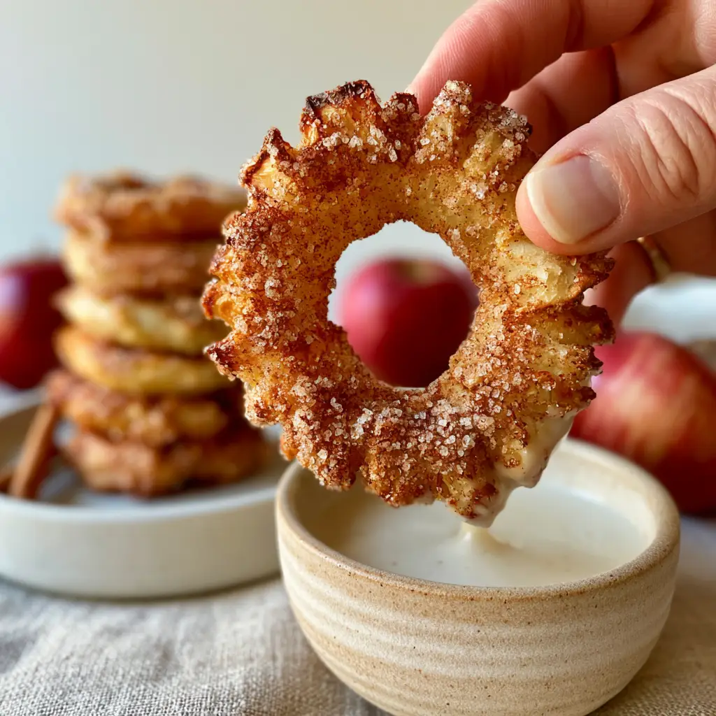 A stack of sparkling Air Fryer Cinnamon Apple Rings next to whole Gala apples and a cinnamon stick.