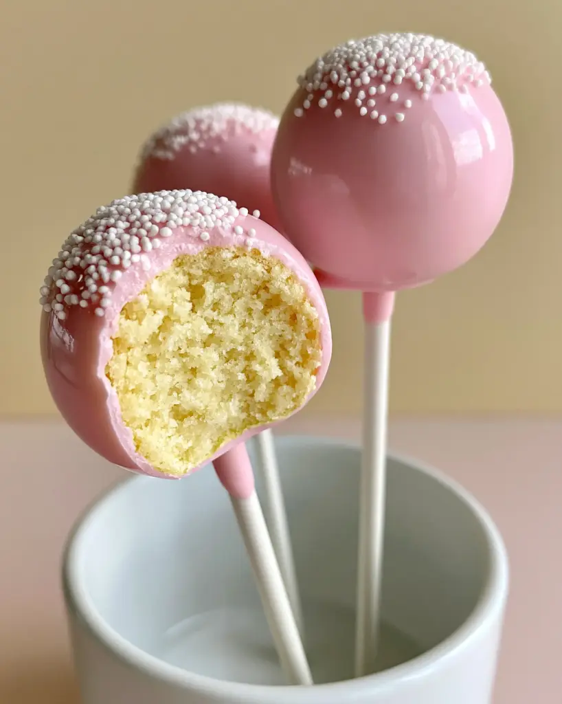 Three flawless pink cake pops standing in a ceramic holder, one bitten to show the moist yellow cake crumb. (cake pop recipes)