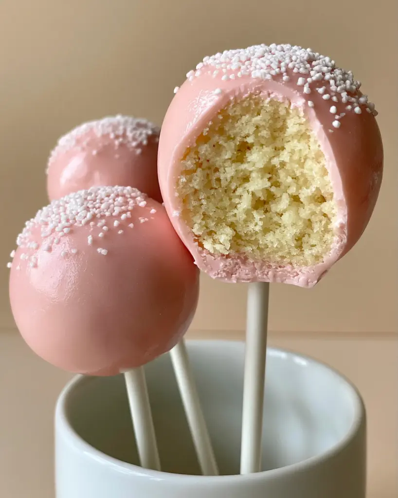 Glossy pastel pink cake pops with white sugar sprinkles and paper sticks.