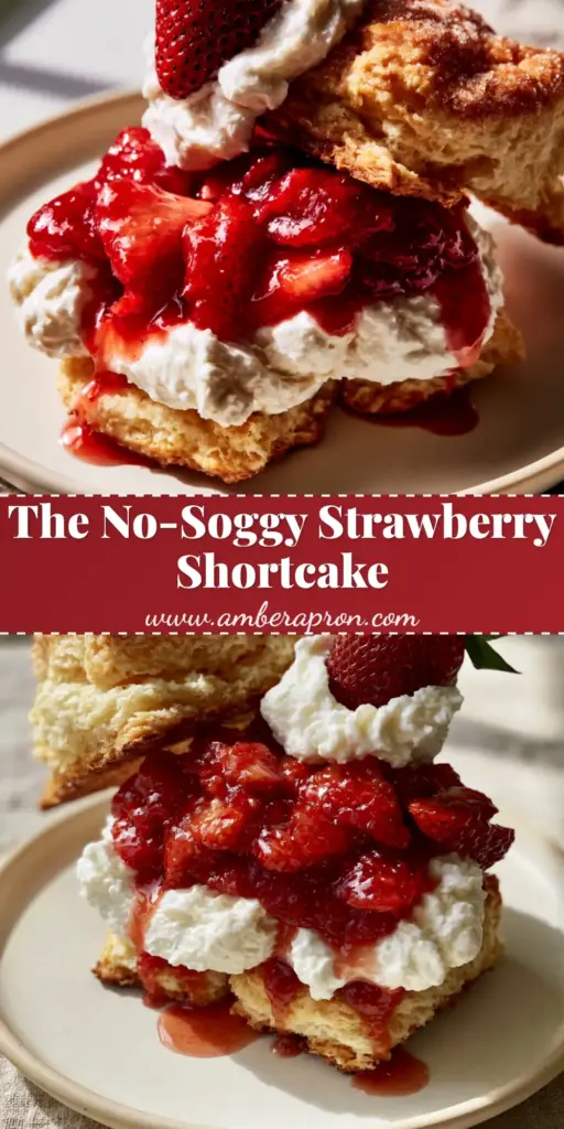 A tall, assembled dessert showing the flaky biscuit, thick cream, and glossy syrup for this strawberry shortcake recipe.
