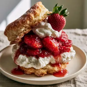 Close-up of a split golden-brown flaky biscuit topped with macerated strawberries for strawberry shortcake recipe.