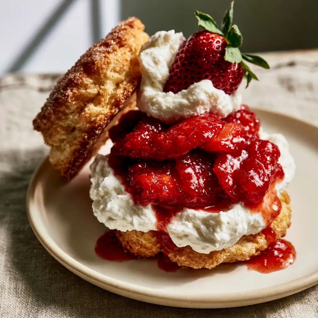 Stabilized whipped cream and glossy strawberry syrup drizzling down a shortcake.
