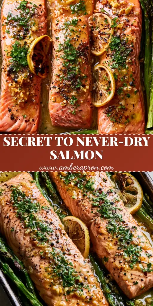 A close-up vertical shot of Baked salmon with a glistening garlic butter glaze and charred asparagus tips, perfect for Pinterest.
