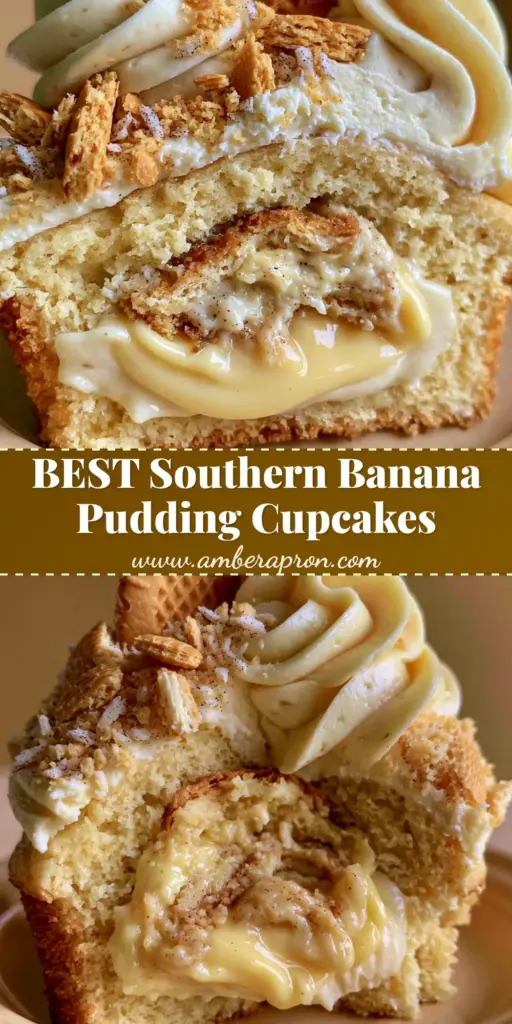 A close-up vertical shot of a Banana Pudding Cupcake with a high swirl of pale-yellow frosting and a Nilla wafer on top.
