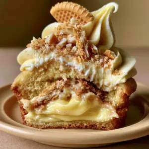A gourmet Southern banana pudding cupcake sliced in half on a beige plate showing the thick vanilla custard filling. (Banana Pudding Cupcakes)