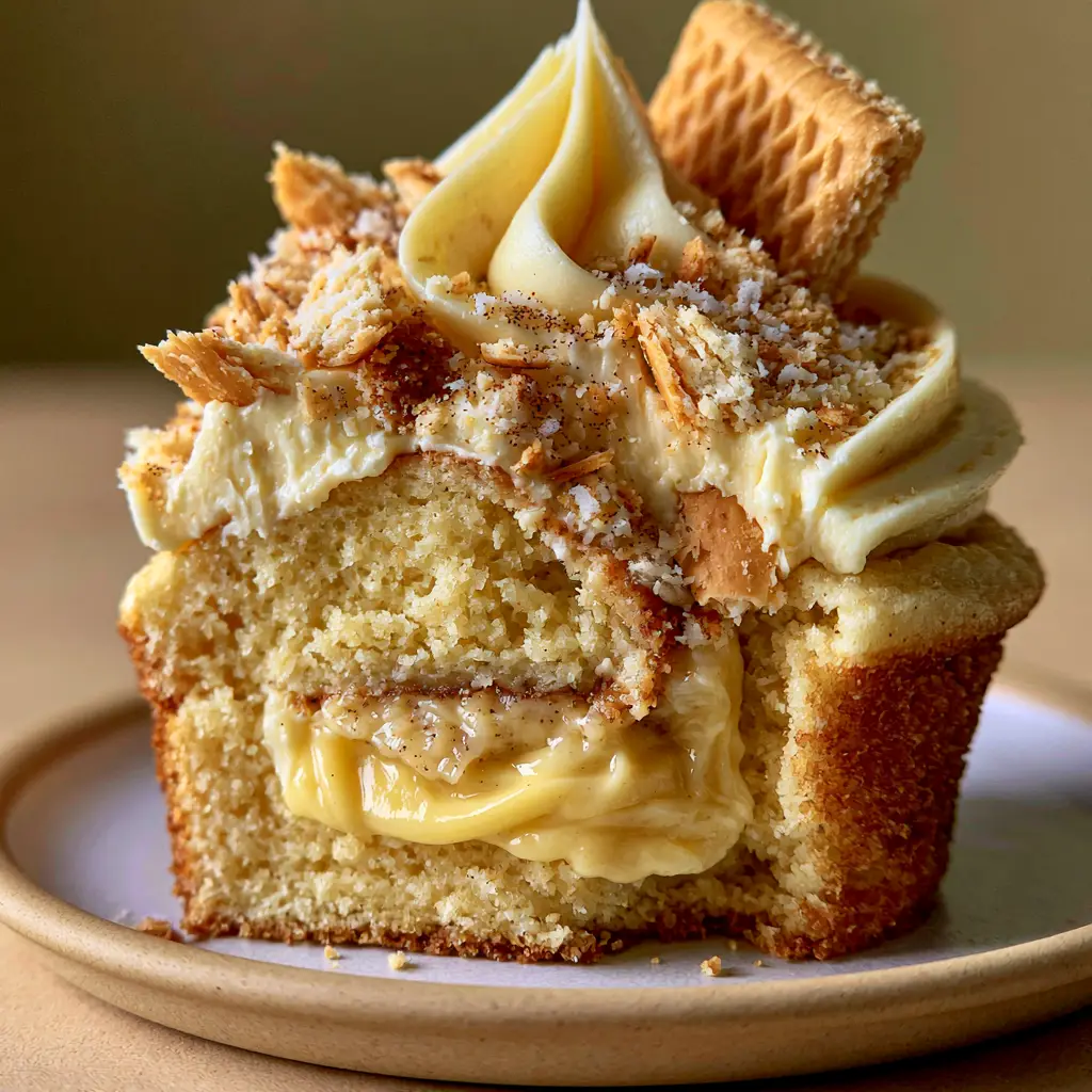 Close up handheld photo of a Banana Pudding Cupcake with pale-yellow frosting and crushed vanilla wafers.