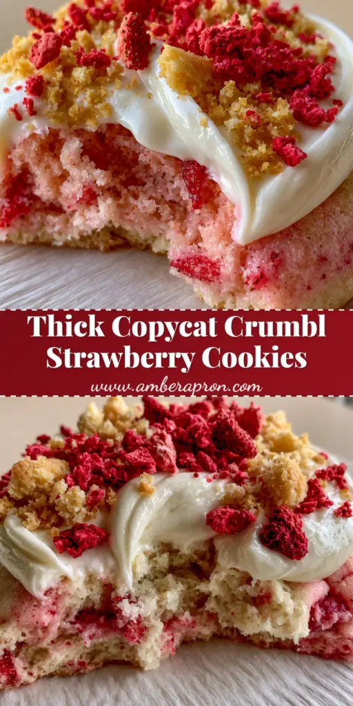 A stack of thick Strawberry Shortcake Cookies with glossy cream cheese frosting swirls and buttery shortcake crumbles.