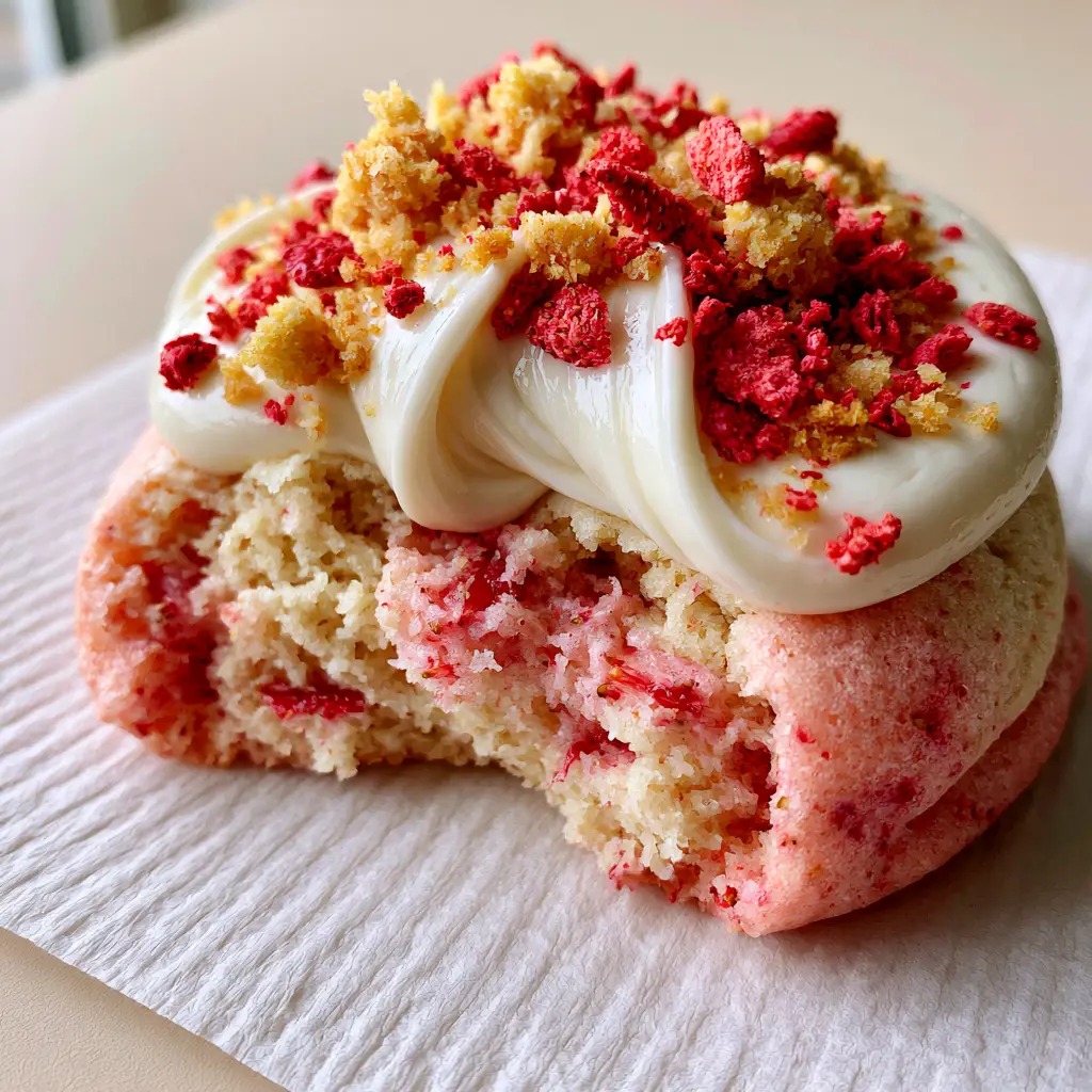 Close up photo of a broken Strawberry Shortcake Cookie showing the moist pink crumb texture and thick frosting.